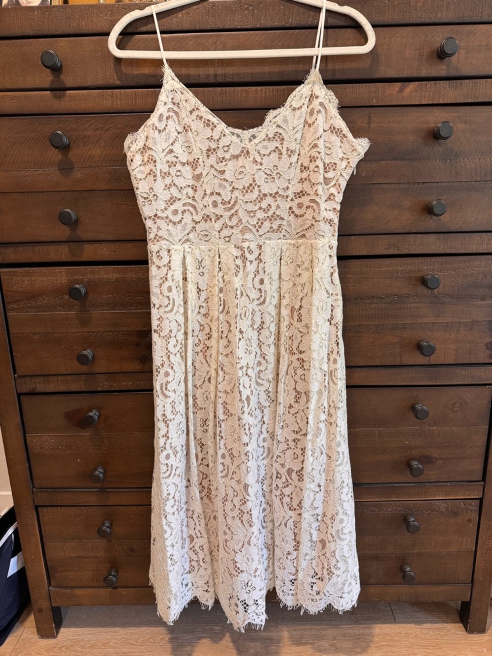 H&M Lace Spaghetti-Strap Midi Dress in Cream